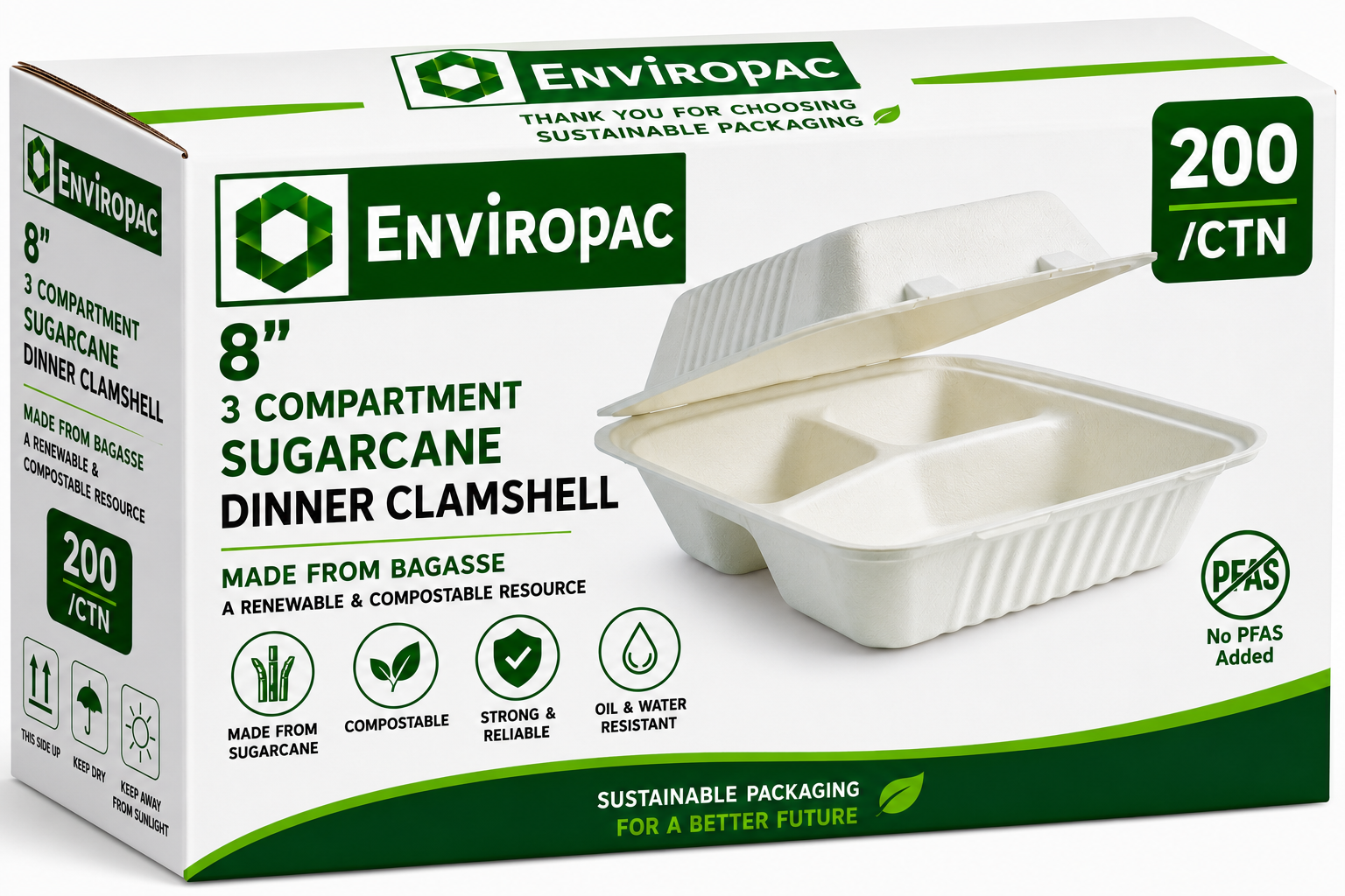 8" 3 Compartment Dinner Clamshell (200pcs/carton)