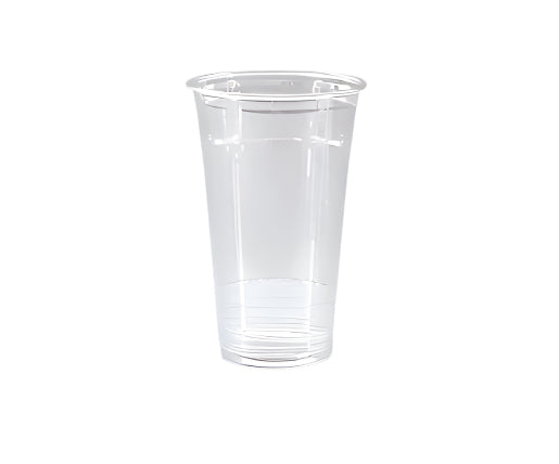 A clear PET disposable cup typically used for cold beverages.