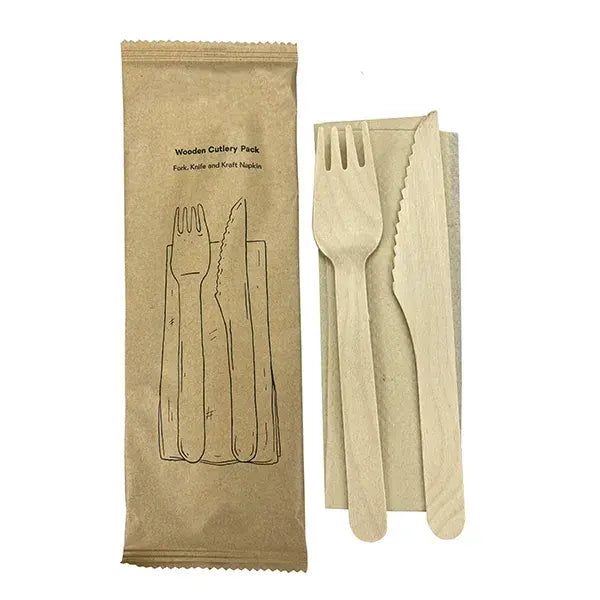 Packed Wooden Fork, knife & Napkin set  (400pcs/carton)